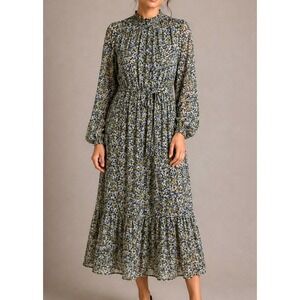 NEW Banana Republic Floral Smocked Neck Midi Dress Black‎ Yellow Long Sleeve L